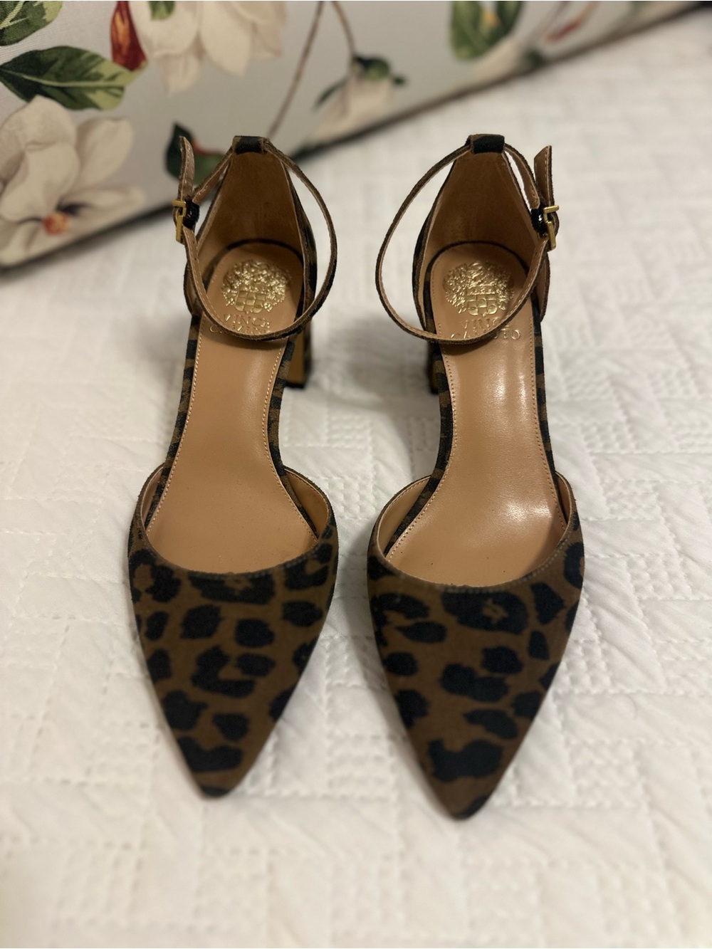 Vince Camuto Leopard Print Pointed Toe Ankle Strap Heels